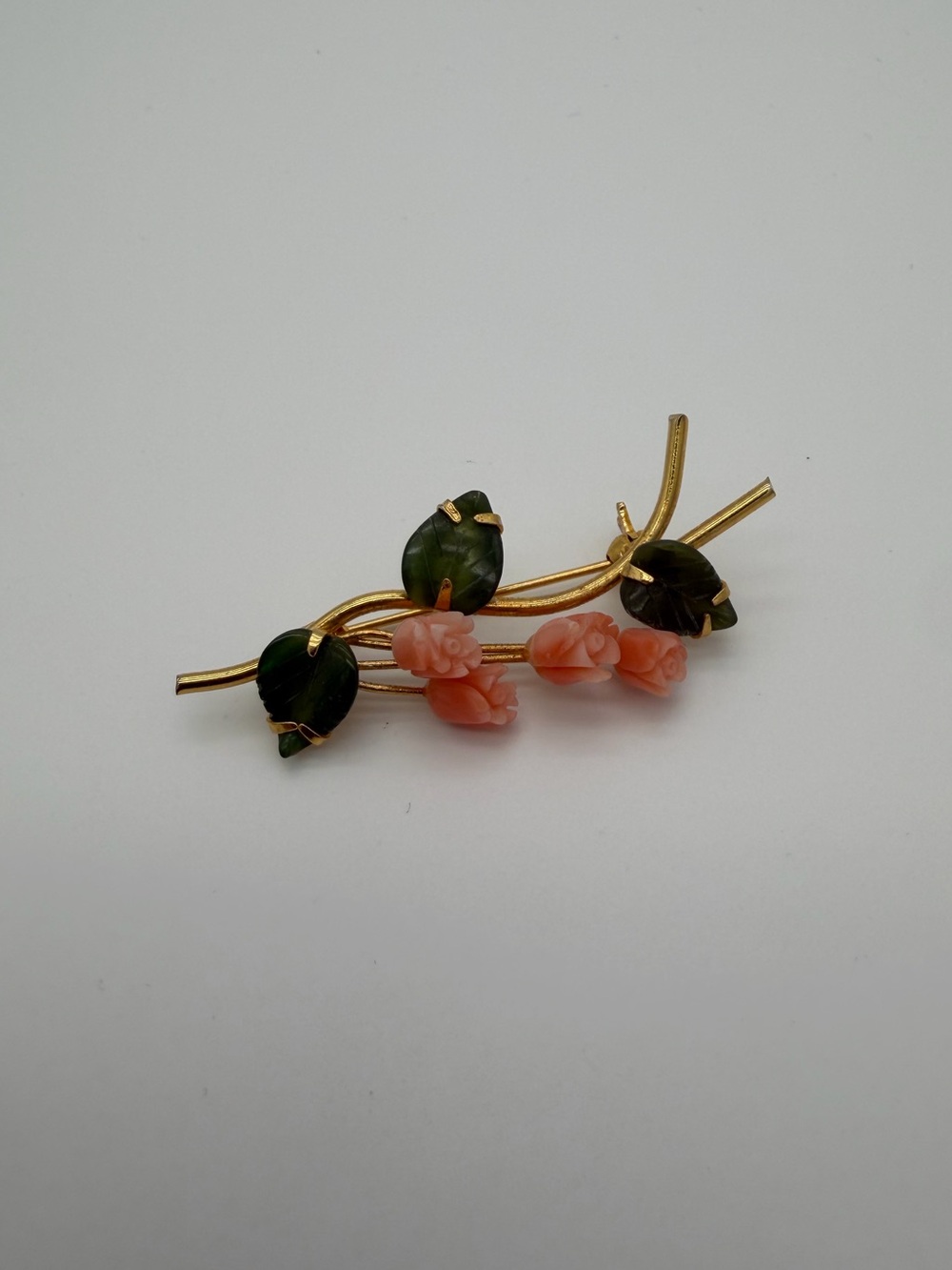 Vintage Floral Brooch with Pink Coral Roses and Green Leaves
